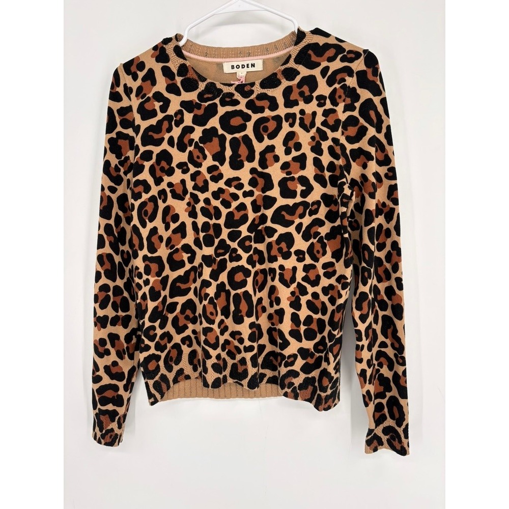Boden Sweater Womens S Tan Leopard Print Pullover Crewneck Cotton‎ Blend